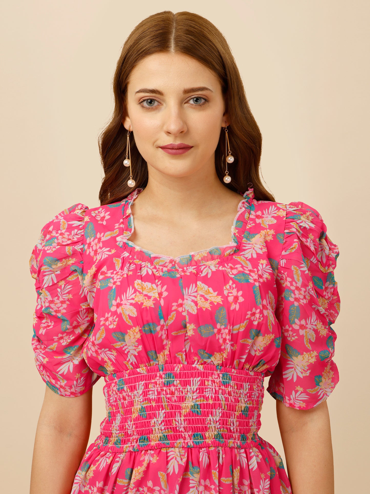 Leah Pink Floral Smock Dress With Bell Sleeves