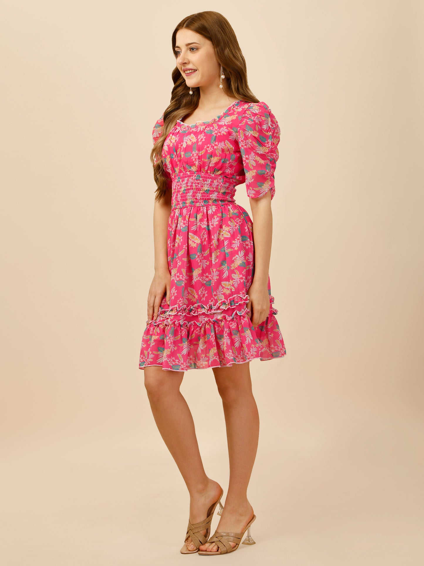 Leah Pink Floral Smock Dress With Bell Sleeves