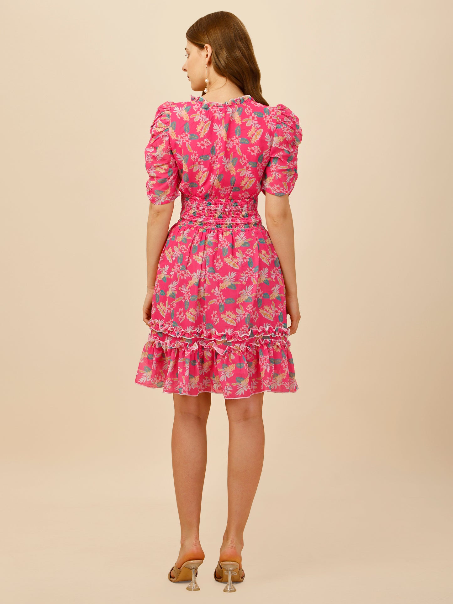 Leah Pink Floral Smock Dress With Bell Sleeves