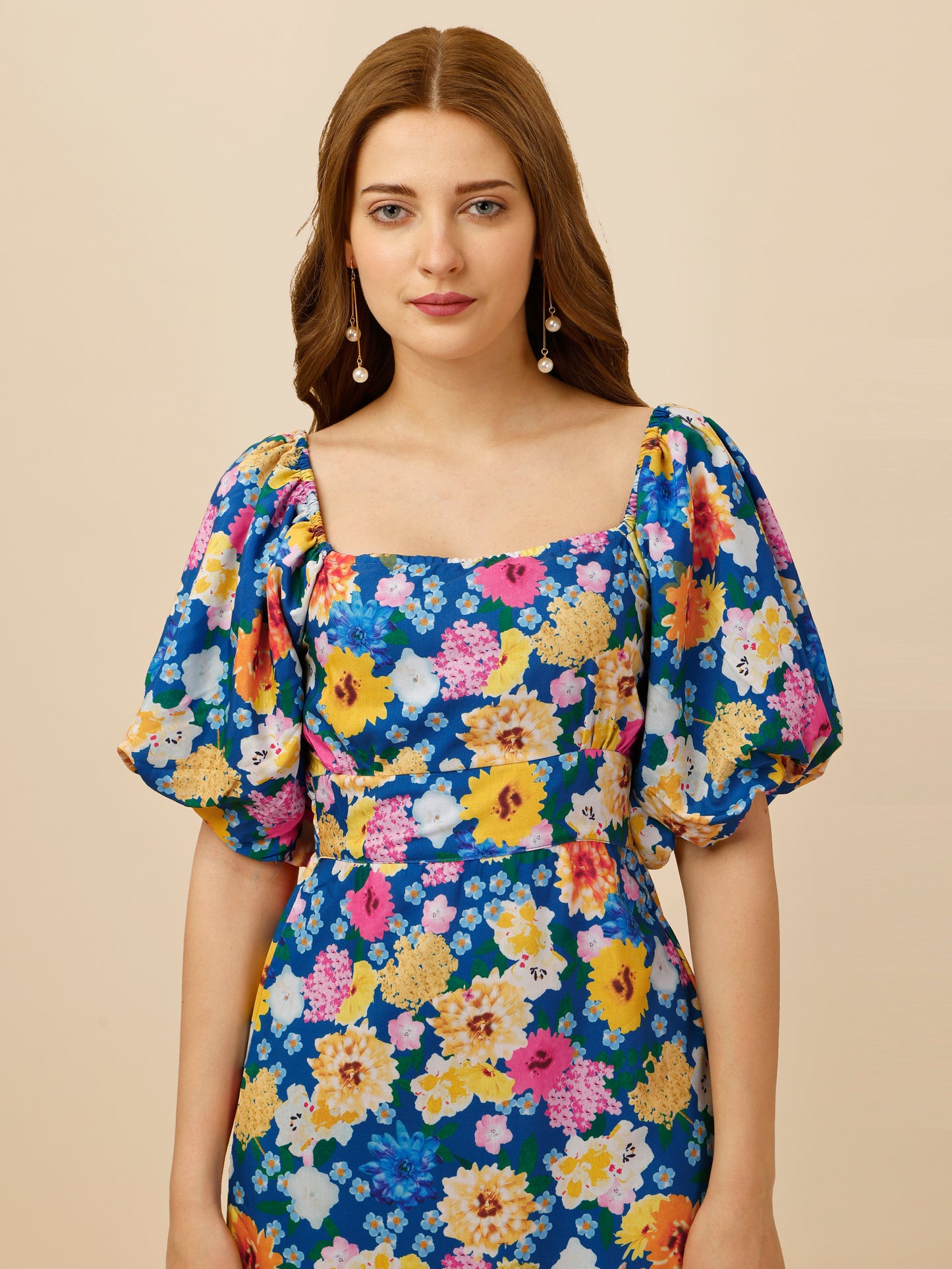 Daisy Floral Print A-Line Dress With Puff Sleeves