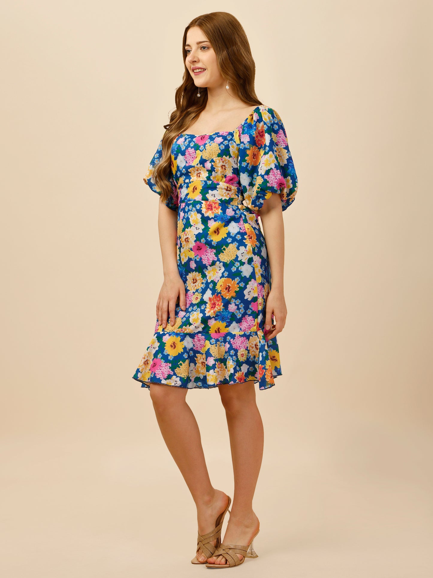 Daisy Floral Print A-Line Dress With Puff Sleeves