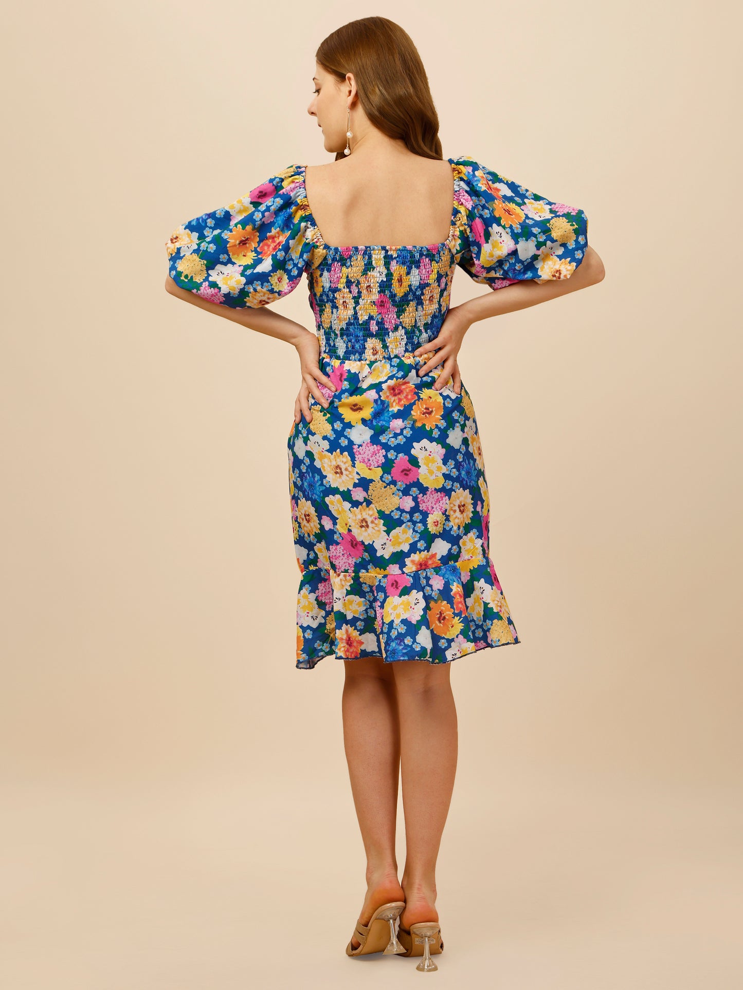 Daisy Floral Print A-Line Dress With Puff Sleeves