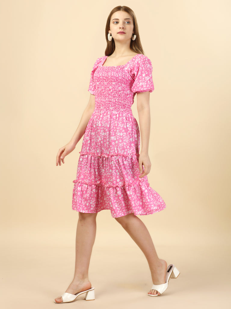 Pink & White Floral Print A-Line Dress