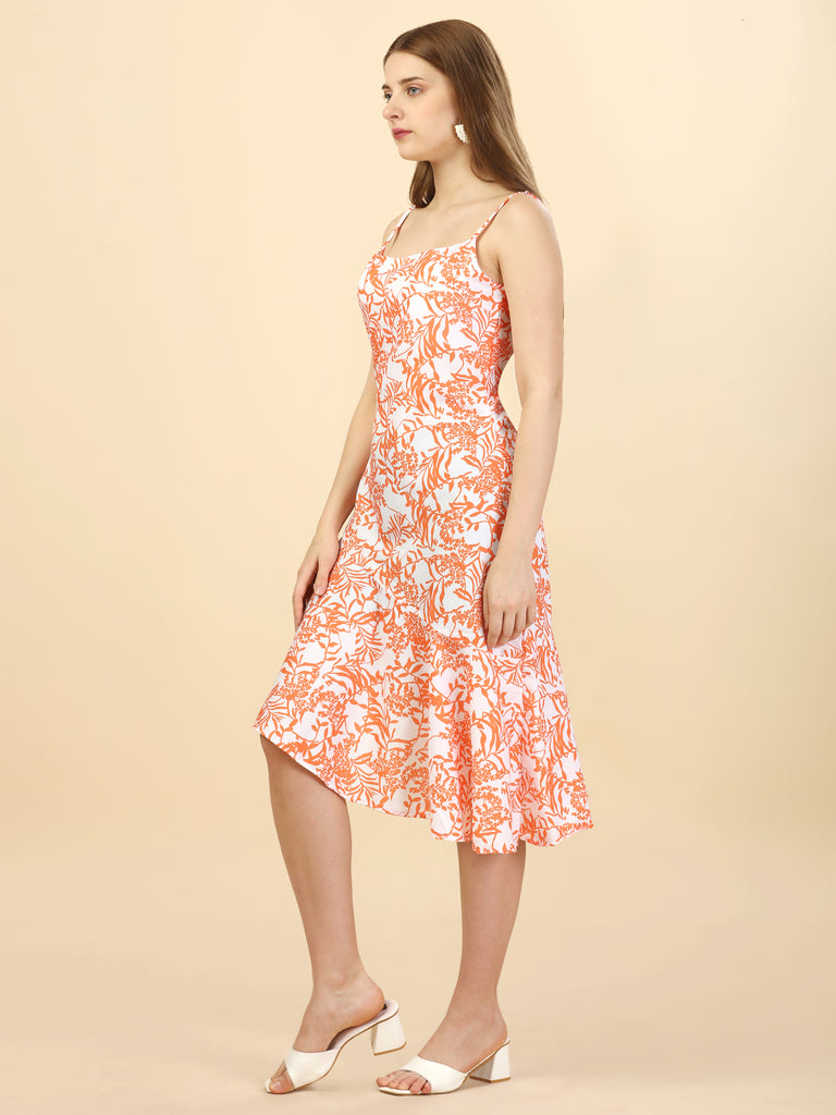 Orange White Floral Fit & Flare Dress