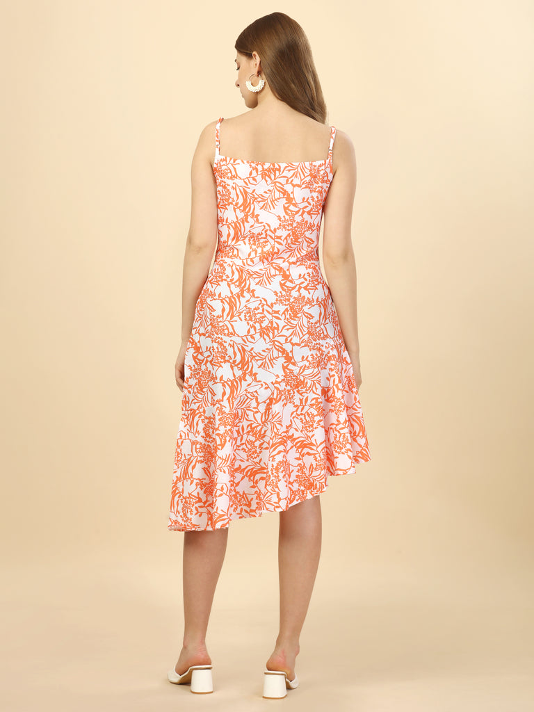 Orange White Floral Fit & Flare Dress